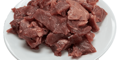 Picture of diced beef sirloin (raw) on a plate